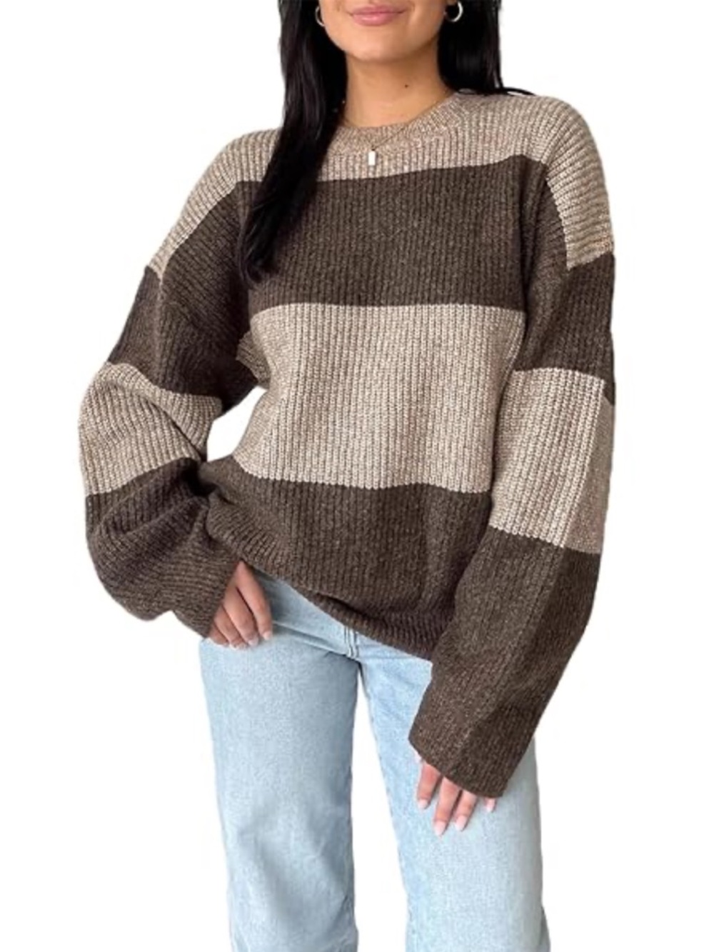 Cozy Brown & Cream Striped Crew Neck Sweater